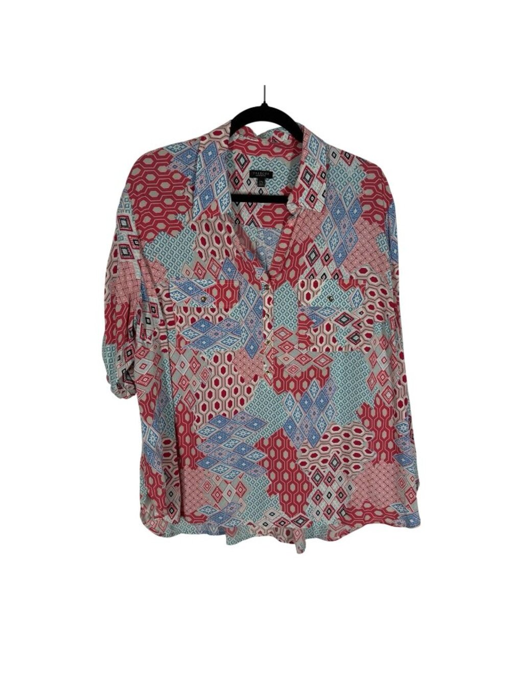 Talbots Woman Petite 2XP Patchwork Roll Tab Sleeves Popover Tunic Shirt - Picture 2 of 11